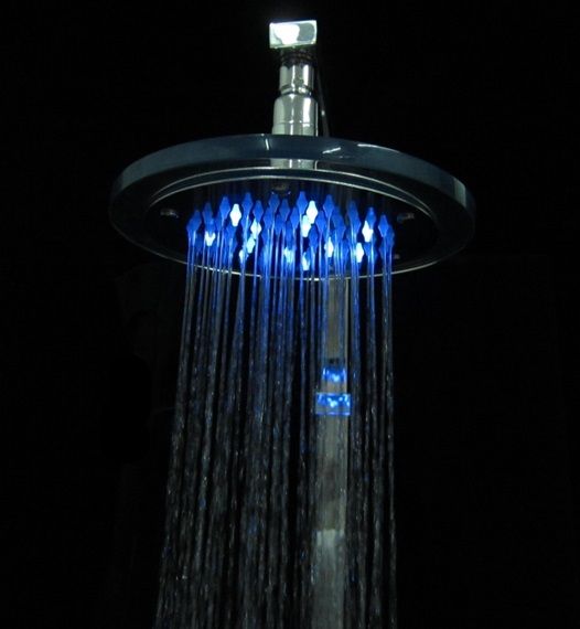 8" Round Glass and Brass LED Rain Shower (Red/Green/Blue - Temperature Controlled)