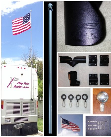FlagPole Buddy 1.5 Kit (Includes: 16' Telescoping Fiberglass Flagpole, Black-Ops Mounts & Hardware, 4" Chrome Ball Topper, Vinyl Carry Bag and 3' x 5' American Flag - Made in the USA)