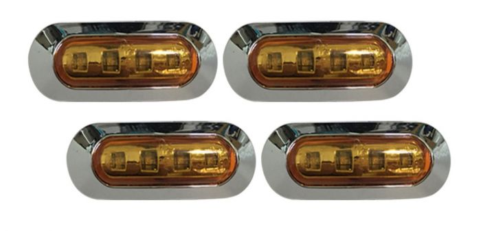 LED Oblong  Style Side Marker Amber Light, Chrome Bezel - Four Pack 